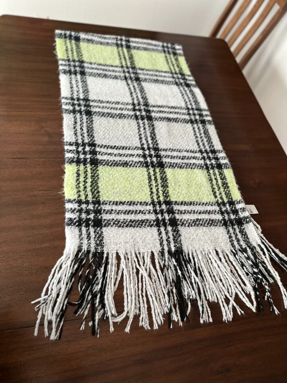 Free People Homecoming Plaid Blanket Scarf Wrap Neon Green Black White Fringe